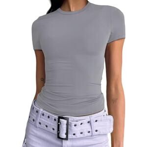 AYWA Womens Casual Crew Neck Short Sleeve T-Shirt Basic Slim Fit Y2K Top Medium